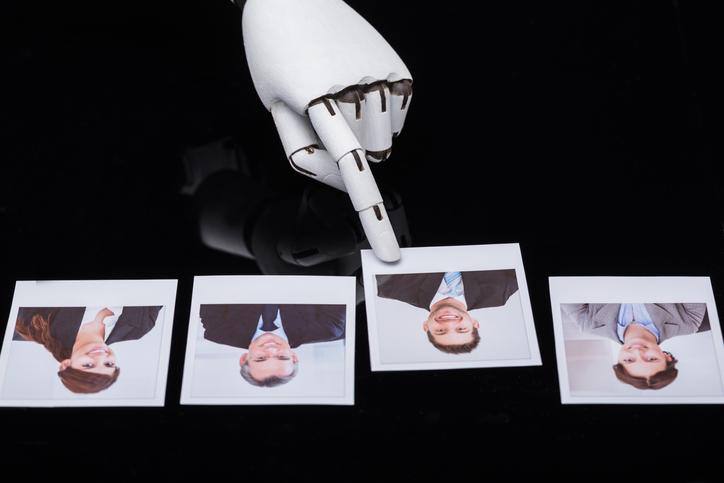 Robot hand with finger pointing to one of four photos of candidates on a table