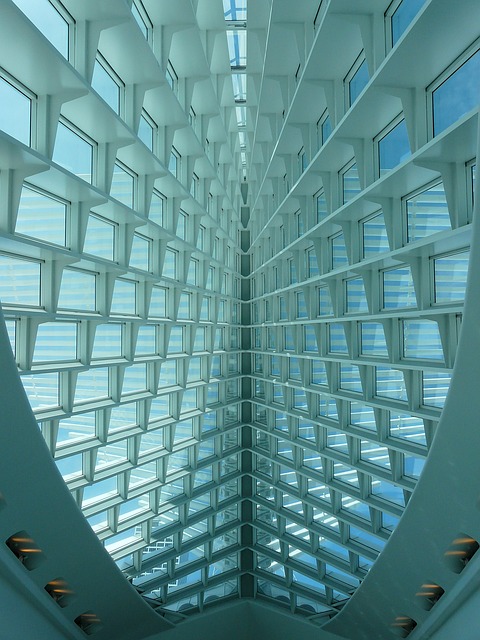 Beatutiful modern glass building from inside. Milwaukee Museum of Art