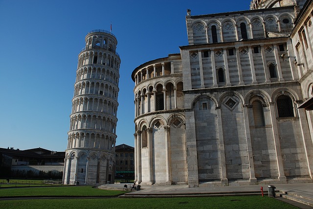Leaning Tower of Pisa against blue sky