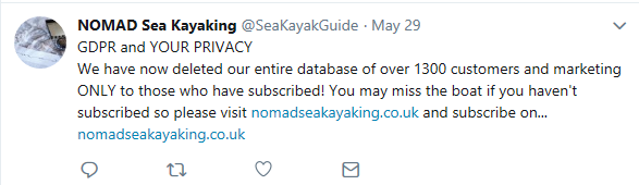 NOMAD Sea Kayaking tweet about deleting customer database