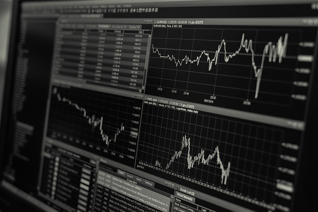 Stocks, charts, data black and white