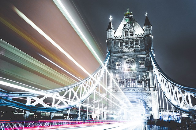 Tower Bridge London with streaking headlights long exposure