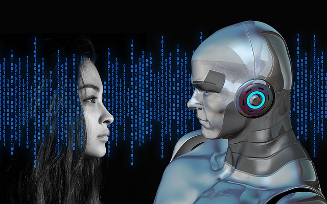 Woman, robot and binary code