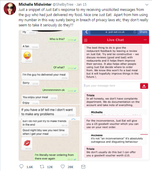 Michelle Midwinter's tweet with screenshots of unsolicited texts from delivery driver and poor response from Just Eat