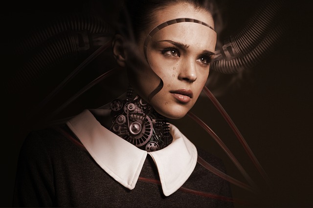 robot cyborg android girl with big collar dress